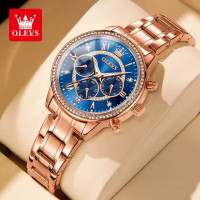 OLEVS TY715 Diamond Luxury Elegant Quartz Watch For Women Roman Scale Chronograph Ladies Wristwatch Stainless Steel Dress Watch - RoyalBlue & RoseGold